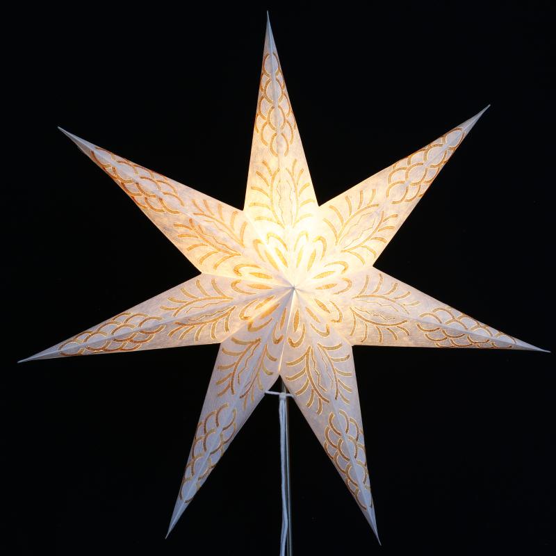 KARMA weiß/gold - Faltbarer Leuchtstern, Weihnachtsstern aus Papier, bestickt mit 7 Zacken, 60 cm